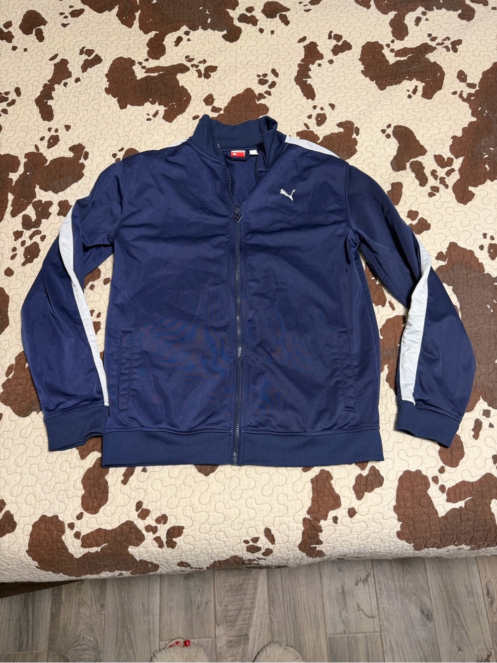 Puma Navy Bomber Jacket with White Sleeve Stripes
